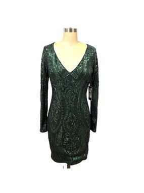 NWT GUESS by MARCIANO Emerald Green ELEGANT Sequin V-Neck long sleeve Dress 6
